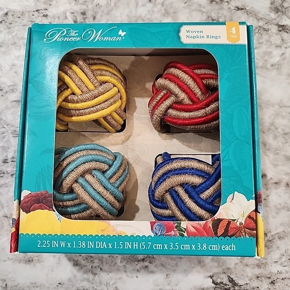 Pioneer Woman Woven Napkin Rings Red Yellow Blue‎ Teal Set Of Four